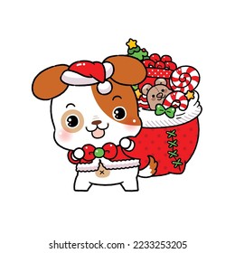 Cute Little Dog Cartoon with Christmas Santa’s Red Cap, Santa Claus Holding Gift Bag, isolated on white.