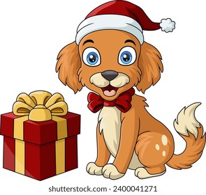 Cute little dog cartoon wearing santa hat and bow