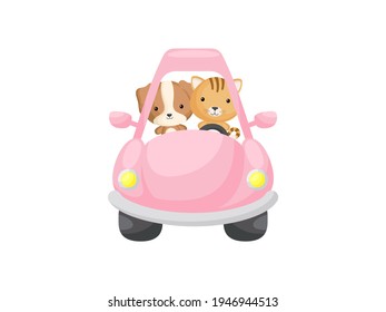 Cute little dog and cat driving pink car. Cartoon character for childrens book, album, baby shower, greeting card, party invitation, house interior. Vector stock illustration.