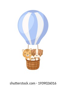 Cute little dog, cat fly on blue hot air balloon. Cartoon character for childrens book, album, baby shower, greeting card, party invitation, house interior. Vector stock illustration.