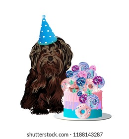 Cute little dog celebrates birthday with a delicious cake. Vector illustration