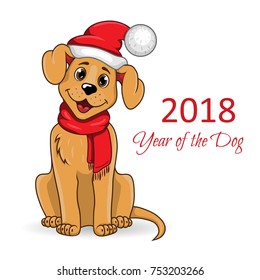 Cute little dog with Christmas hat. Happy New Year 2018. Happy cartoon sitting puppy, dog friend. Vector illustration isolated on white background. 