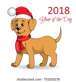 Cute little dog with Christmas hat. Happy New Year 2018. Happy cartoon puppy, Dog friend. Vector illustration isolated on white background. 