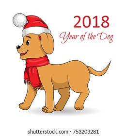 Cute little dog with Christmas hat. Happy New Year 2018. Happy cartoon puppy, dog friend. Vector illustration isolated on white background. 