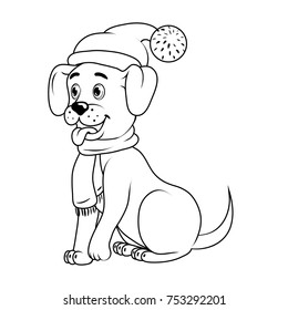 Cute little dog with Christmas hat. Happy cartoon sitting puppy, dog friend. Vector outline illustration isolated on white background. 