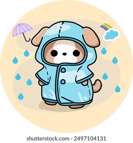 Cute little dog in a colorful raincoat vector clipart, ideal for cheerful rainy day designs and playful pet illustrations.