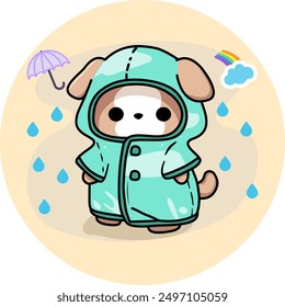 Cute little dog in a colorful raincoat vector clipart, ideal for cheerful rainy day designs and playful pet illustrations.