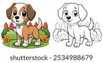 Cute Little Dog Coloring Page For Kids Printable. Puppy In Garden Cartoon Outline Vector. Animal Cartoon Illustration