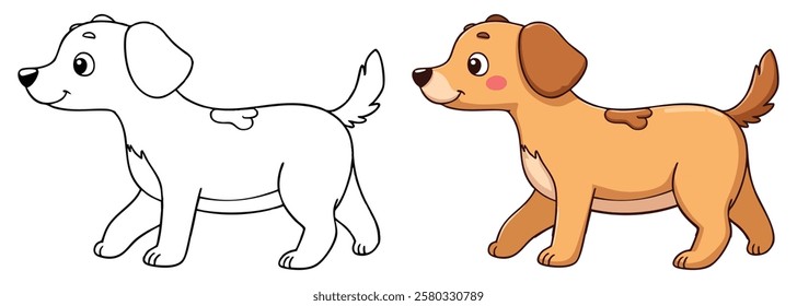 Cute Little Dog Coloring Page line art with fill colored sample Printable. Isolated on White Background Outline Vector Illustration. Bold and Easy Domestic Animal Coloring Pages for Adults and Kids.