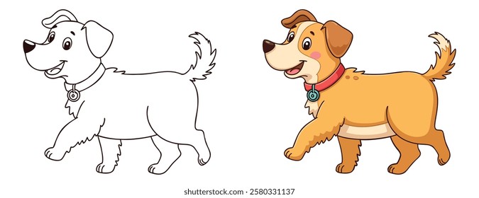 Cute Little Dog Coloring Page line art with fill colored sample Printable. Isolated on White Background Outline Vector Illustration. Bold and Easy Domestic Animal Coloring Pages for Adults and Kids.