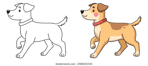 Cute Little Dog Coloring Page line art with fill colored sample Printable. Isolated on White Background Outline Vector Illustration. Bold and Easy Domestic Animal Coloring Pages for Adults and Kids.