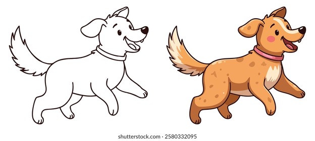 Cute Little Dog Coloring Page line art with fill colored sample Printable. Isolated on White Background Outline Vector Illustration. Bold and Easy Domestic Animal Coloring Pages for Adults and Kids.