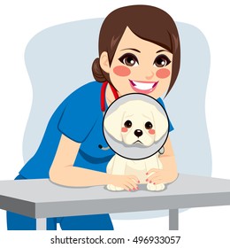 Cute little dog with cone collar and happy female veterinarian