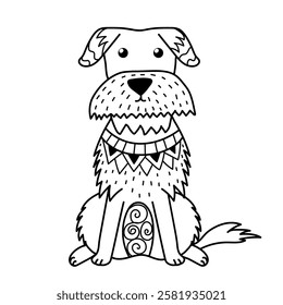 Cute little dog in doodle style isolated on white background. Hand drawn terrier character in outline for coloring page or prints. Vector illustration