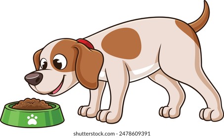 Cute little dog eating from bowl vector illustration