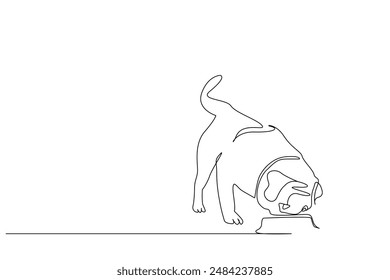 cute little dog eating food one line art design vector