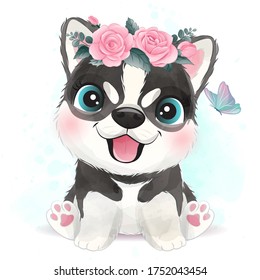 Cute little dog with floral illustration