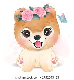 Cute little dog with floral illustration