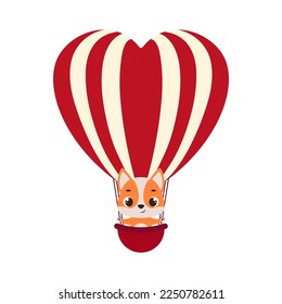 Cute little dog fly on heart hot air balloon. Cartoon animal character for kids cards, baby shower, invitation, poster, t-shirt composition, house interior. Vector stock illustration