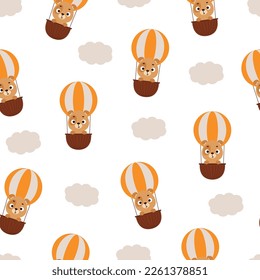 Cute little dog flying on hot air balloon seamless childish pattern. Funny cartoon animal character for fabric, wrapping, textile, wallpaper, apparel. Vector illustration