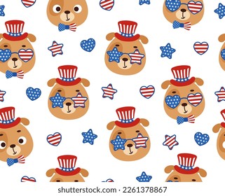 Cute kleiner Hund Kopf in den USA patriotische Hut nahtlose kindisch Muster. Funny Cartoon Tier Charakter für Stoff, Umhüllung, Textil, Tapete, Bekleidung. Vektorgrafik