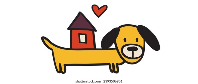 Cute little dog with little house on it's back. Pet adoption. Flat design. Badge. Hand drawn illustration on white background.