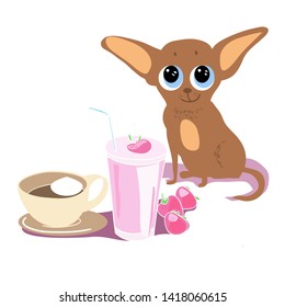 Cute little dog, with huge eyes, cartoon character, with a cup of coffee and a cocktail with strawberries, a drawing in digital form, color illustration in vector