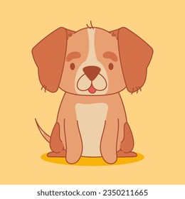 Cute little dog in kawaii Japanese style on a yellow background. Happy sitting puppy, front view. Flat cartoon pet, hand drawn vector illustration for kids. Minimalistic shapes, clean lines.