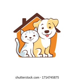 Cute Little Dog And Kitten Home Logo. Cartoon Pet House, Animal Rescue, Boarding And Care Symbol. Vector Illustration