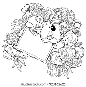 Cute little dog with love postcard with flowers.Vector illustration doodle.