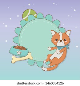 cute little dog mascot with dish and bone