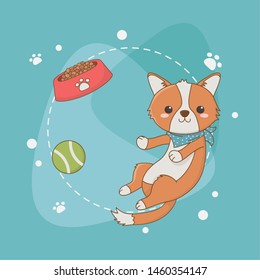 cute little dog mascot with dish and ball
