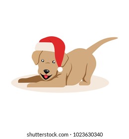 A cute little dog in a New Year hat. Funny dog, isolated on a white background. Vector illustration.