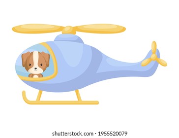 Cute little dog pilot in blue helicopter. Cartoon character for childrens book, album, baby shower, greeting card, party invitation, house interior. Vector stock illustration.