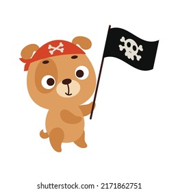 Cute little dog with pirate flag. Cartoon animal character for kids t-shirts, nursery decoration, baby shower, greeting card, invitation, house interior. Vector stock illustration