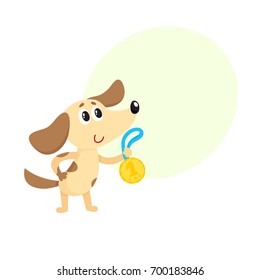 Cute little dog, puppy character, champion holding golden winner medal, cartoon vector illustration with space for text. Little baby dog, puppy champion holding medal for taking first place