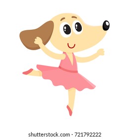 Cute little dog, puppy character, ballet dancer in pointed shoes and tutu skirt, cartoon vector illustration isolated on white background. 