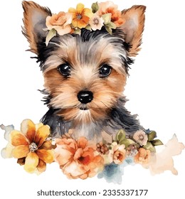 Cute little dog, puppy, with flowers, floral bouquet, wreath pet watercolor animal portrait