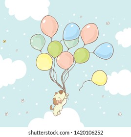 Cute little dog/ puppy holding balloons/walk in the clouds