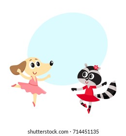 Cute little dog and raccoon, puppy and raccoon characters dancing ballet together, cartoon vector illustration with space for text. 