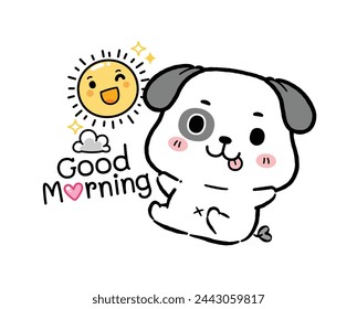 Cute Little Dog Says Good Morning, flat cartoon style.