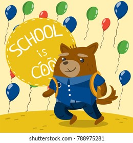 Cute little dog in school uniform on the background with colorful balloons. School is cool vector illustration, design element for poster or banner