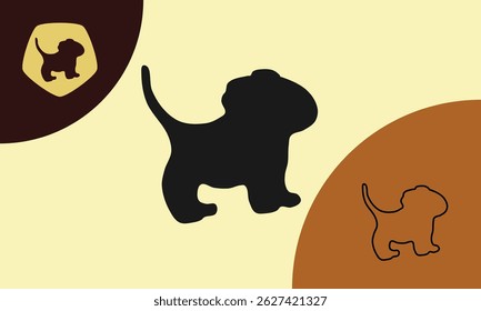 Vetor de silhueta de cachorro pequeno bonito em estilo mínimo, com preenchimento preto, contorno e formato de crachá. Perfeito para o logotipo do animal de estimação, ícone, ou desenhos com temas infantis. Ilustração editável de EPS.