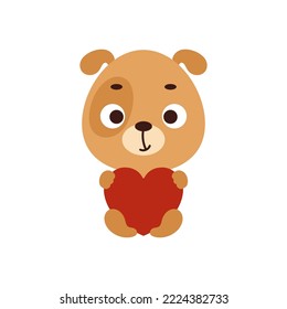 Cute little dog sitting and holding heart on white background. Cartoon animal character for kids t-shirt, nursery decoration, baby shower, greeting card, house interior. Vector stock illustration