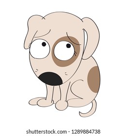 Cute little dog sitting and looking sad and unhappy, waiting to be punished for mischief - original hand drawn illustration of little puppy
