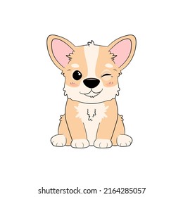 A cute little dog sitting and winking eye - Welsh Corgi Pembroke. Cartoon vector illustration in flat style.