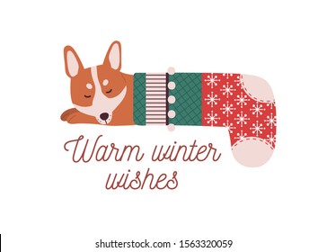 Cute little dog sleeping in Christmas stocking. Warm winter wishes vector greeting card design element. Cartoon canine pet dozing isolated illustration. Beautiful Christmas time postcard design.