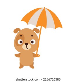Cute little dog with umbrella. Cartoon animal character for kids t-shirts, nursery decoration, baby shower, greeting card, invitation, house interior. Vector stock illustration