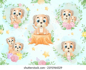 Cute little Dog with watercolor illustration set