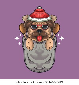 cute little dog wear christmas hat in pocket grunge style illustration vector